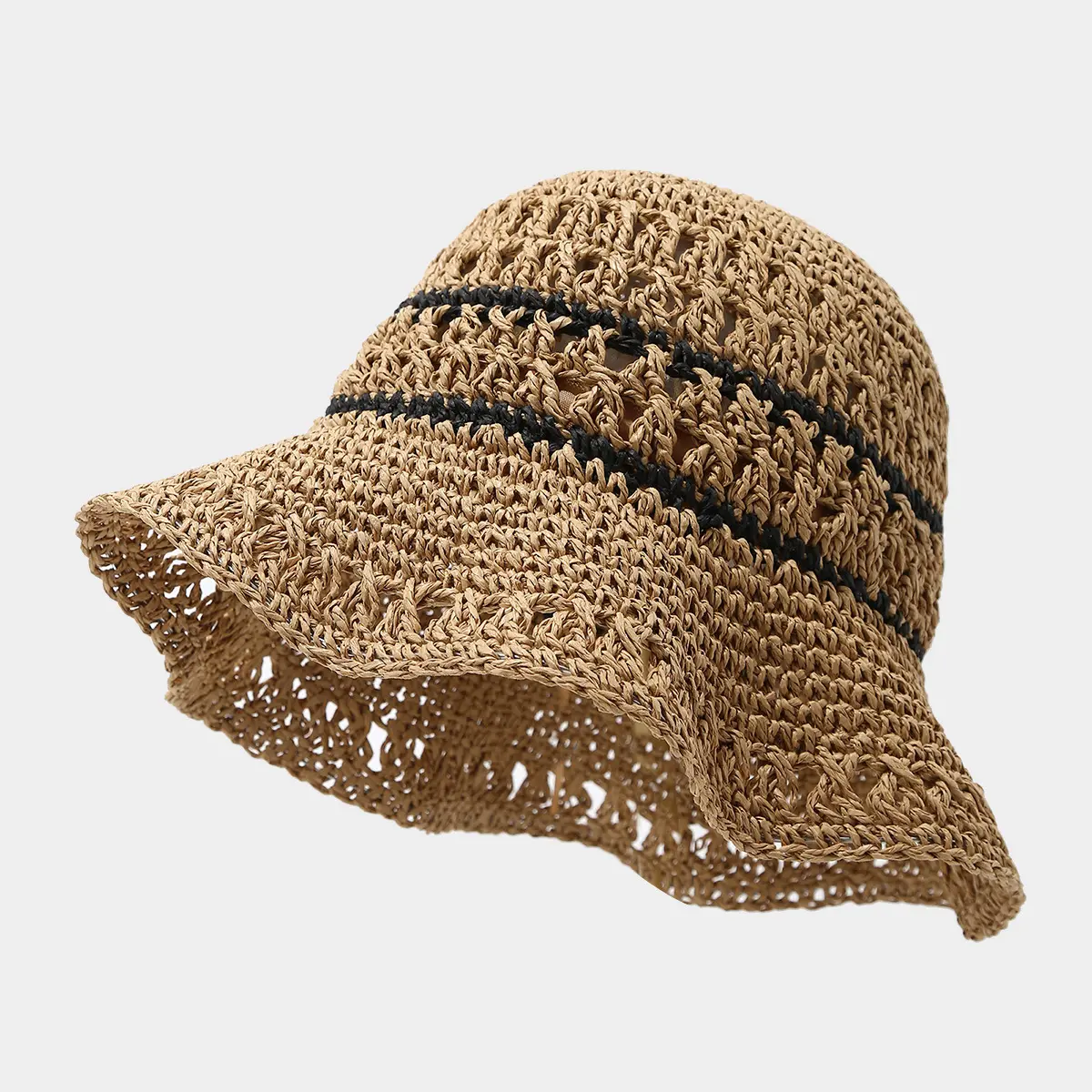 Women's Casual Crochet Hollow Out Straw Bucket Hat with Wide Brim, Foldable for Summer Beach Outdoor Travel, Female, Cap, Plain, Portable