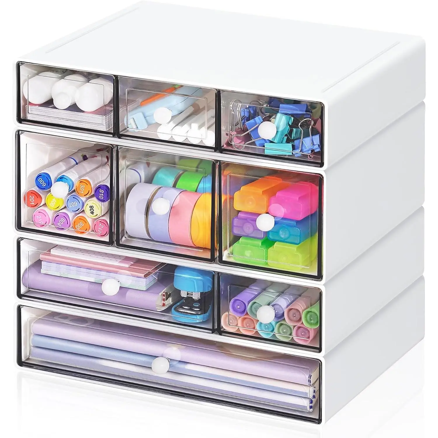 Desk Storage Organizer with 9 Drawers, 4 Tiers Stackable Desktop Craft Storage Drawers, Clear Storage Box Caddy for Stationary Makeup Jewelry Office Craft Supplies (White)Gift.