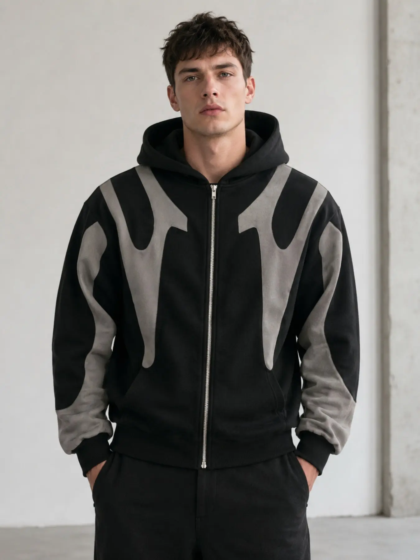 Men's Patchwork Hooded Zipper Jacket, European and American Style Blouse Shirt, Fashionable Outerwear for Men, Menswear