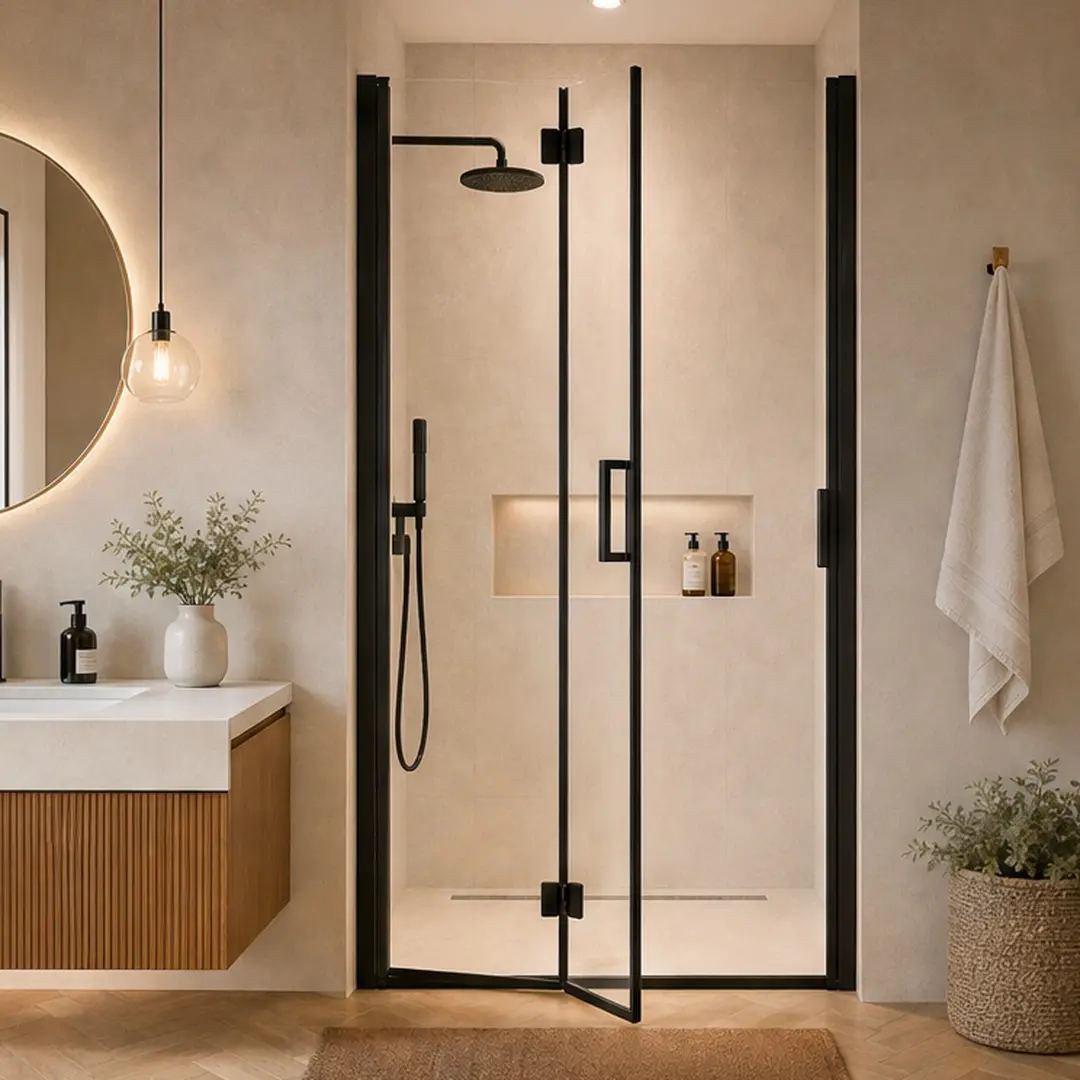 ARCH 32-33.2 Inch W x 72 Inch H Semi-Frameless Folding Pivot Hinged Shower Door, 1/4" Tempered Glass, Matte Black Aluminum, Reversible Bi-Fold Panel for Bathroom, Waterproof Seal, Easy Install, Matte Black Color Options, Aluminium Material