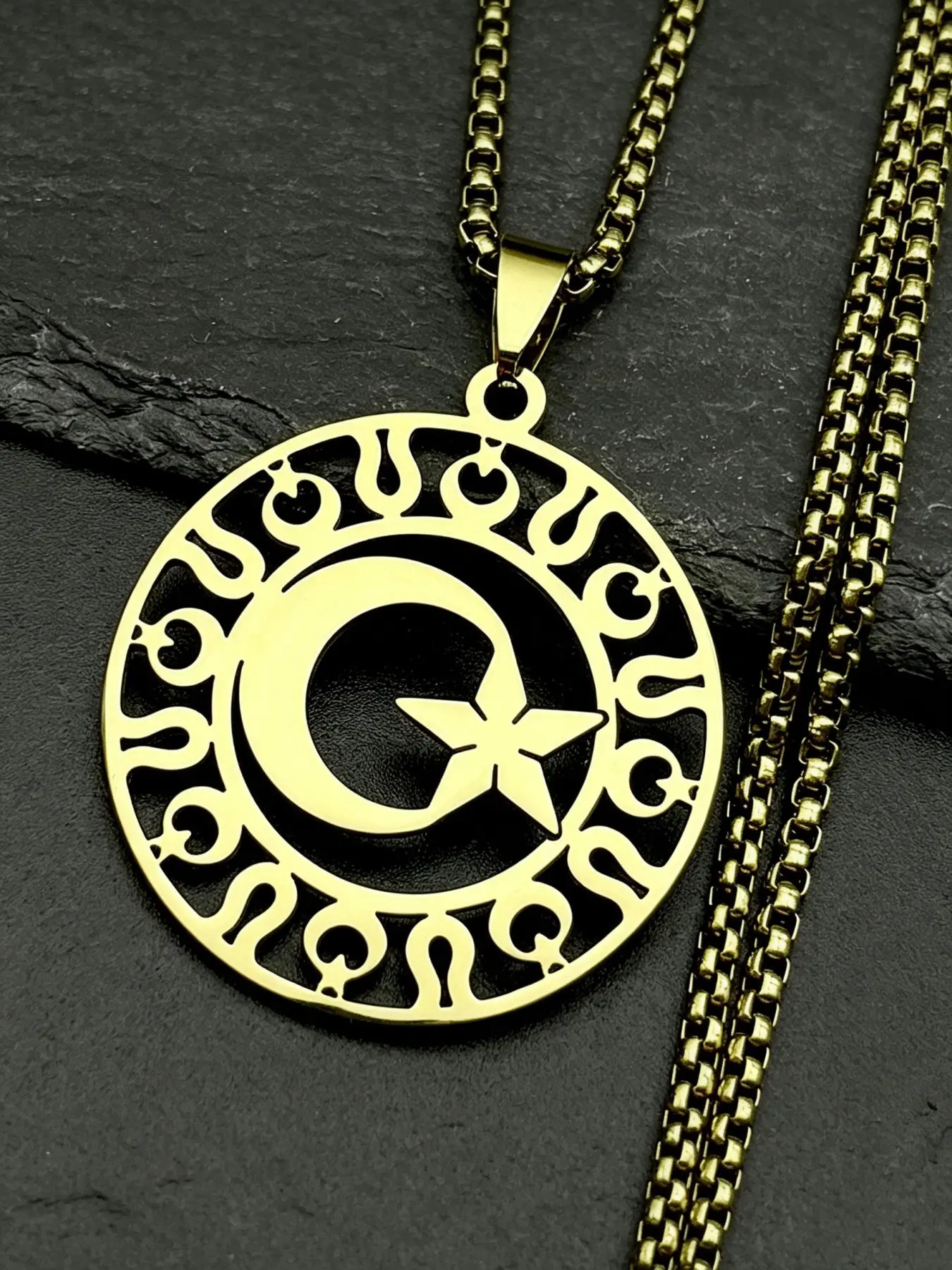 Hollow Muslim Islam Crescent Moon Star Symbol Stainless Steel Chain Necklaces for Women Men Gold Color Necklace Jewelry Gift