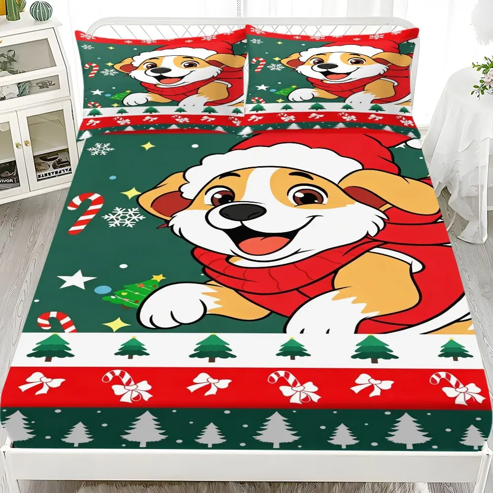 3-Piece Christmas Bed Sheet Set, Dog with Santa Hat Print, Soft Comfortable Bedroom Decor, Includes 1 Duvet Cover and 2 Pillowcases