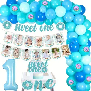 1Set Sweet One Donut 1anniversary Birthday Party Decors Boy Donut 1anniversary Birthday Macaroon Blue Balloon Garland Arch Kit with Donut Photo Banner High Chair Banner Sweet One Banner Cake Topper Doughnut Foil Balloon