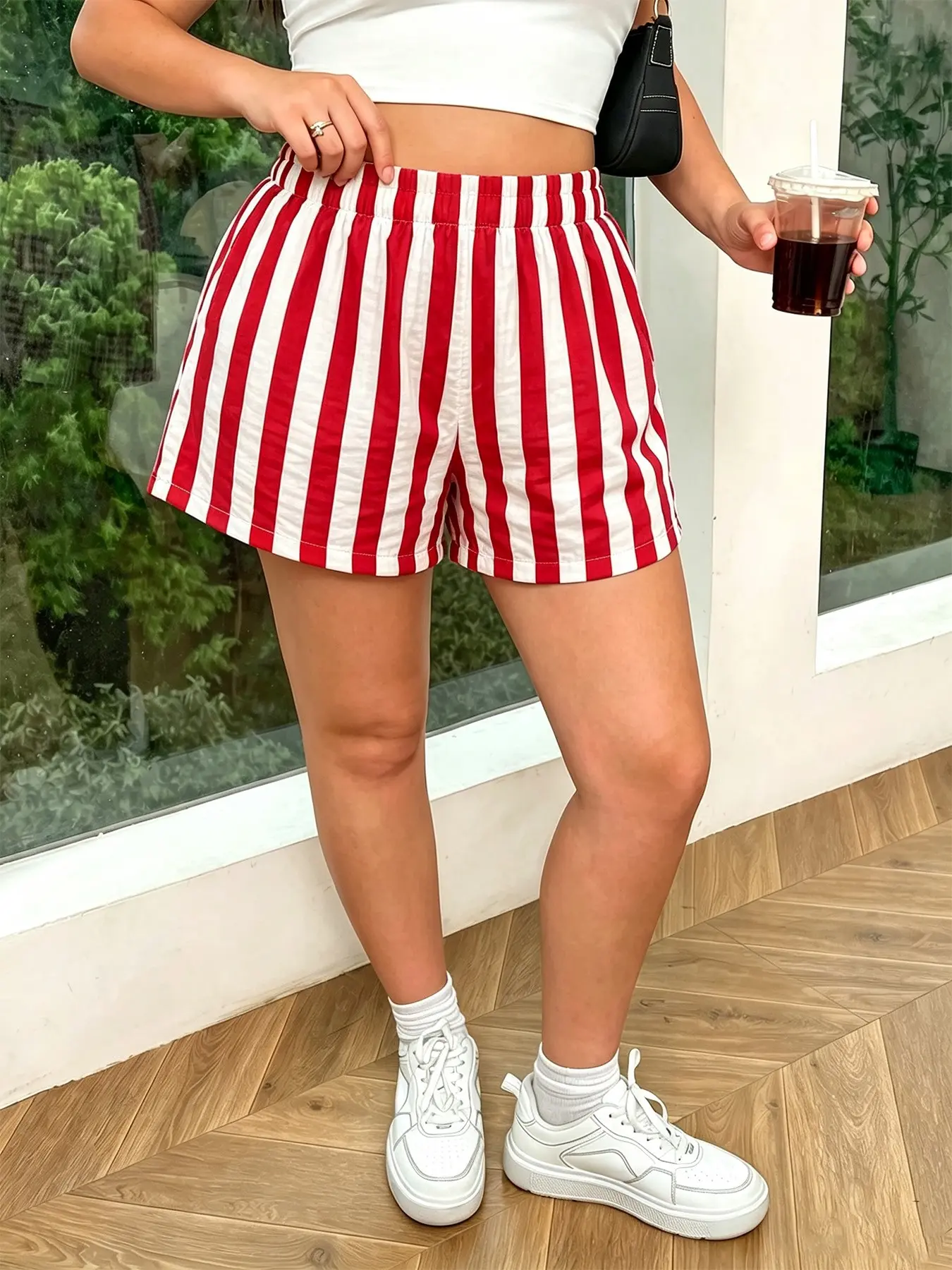 Vintage Striped Loose Shorts Bottom, Elastic High-Waist Soft Breathable Short Pants, Ideal for Daily Casual and Vacation Wear