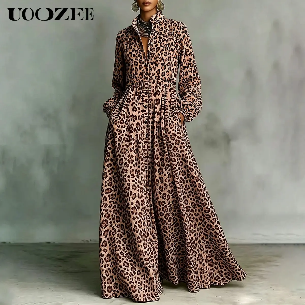 UOOZEE Women's Light Leopard Print Maxi Dress - Silky A-Line Long-Sleeve Shirt Dress with Pockets, Pleated Waist, Oversized Blazer-Compatible Gown for Cocktail, Vacation Events, Hoop, Matching, Modest