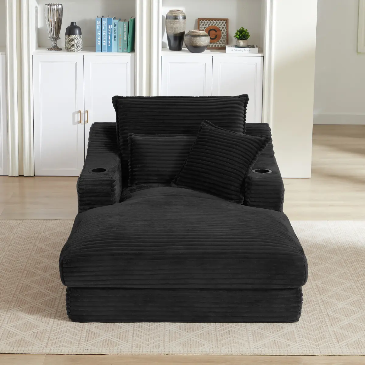 Oversized Chaise Lounge Chair, Upholstered Sofa Bed, Deep Seat Boneless Sleeper Couch, Lazy Lounger Cloud Couch Bed with Cupholders and 3 Throw Pillows for Living Room,Bedroom, Black