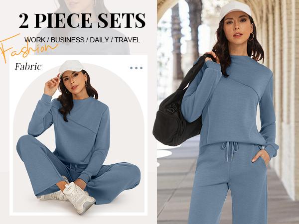 Casly Lamiit Women's 2 Piece Lounge Set Soft Breathable Material Trendy Boat Neck Sweatshirt & Wide Leg Pants Casual Outfits Travel Tracksuit Sets Athletic Fashion Activewear Modern Sportswear