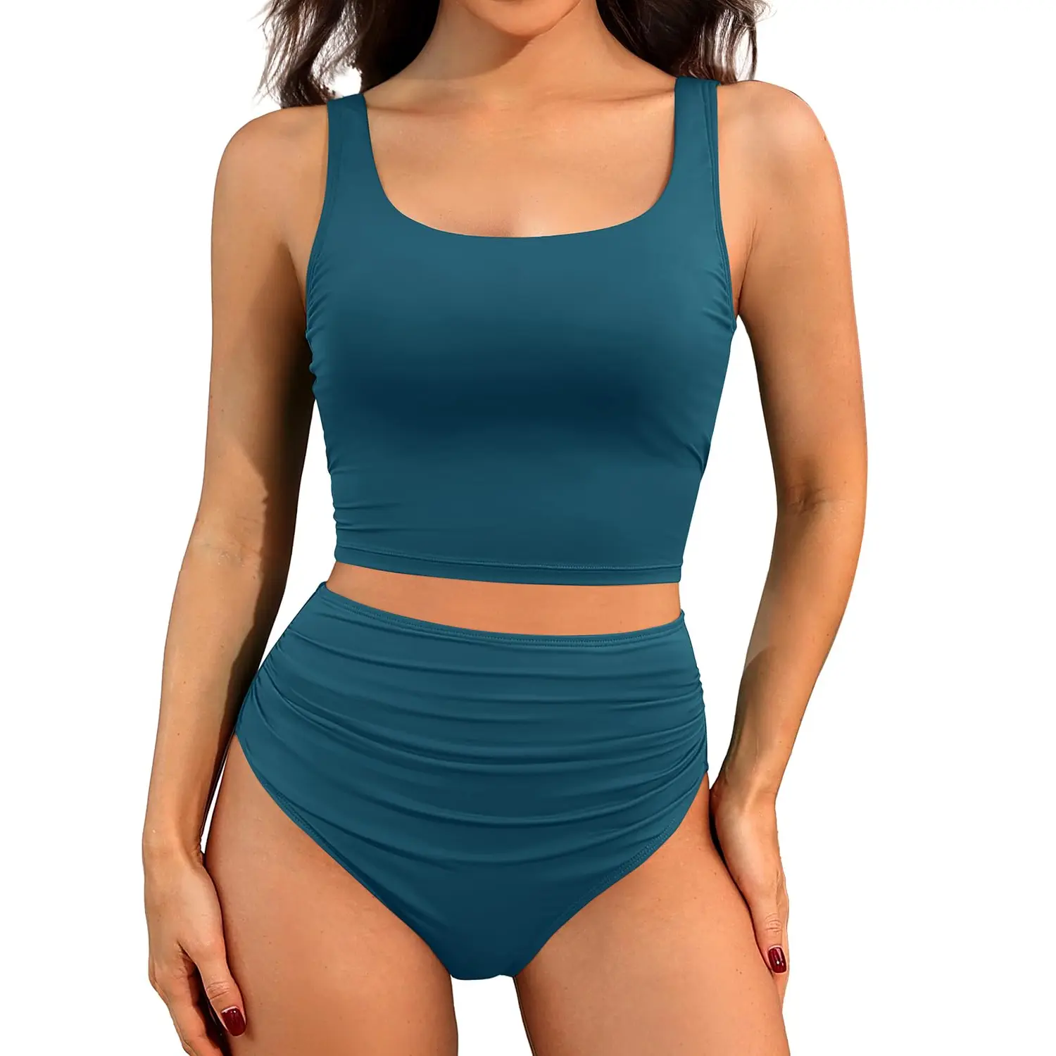 Tempt Me Women Two Piece Tankini Swimsuits - Crop Swim Top with High Waisted Bottom Tummy Control Bathing Suits Swimwear