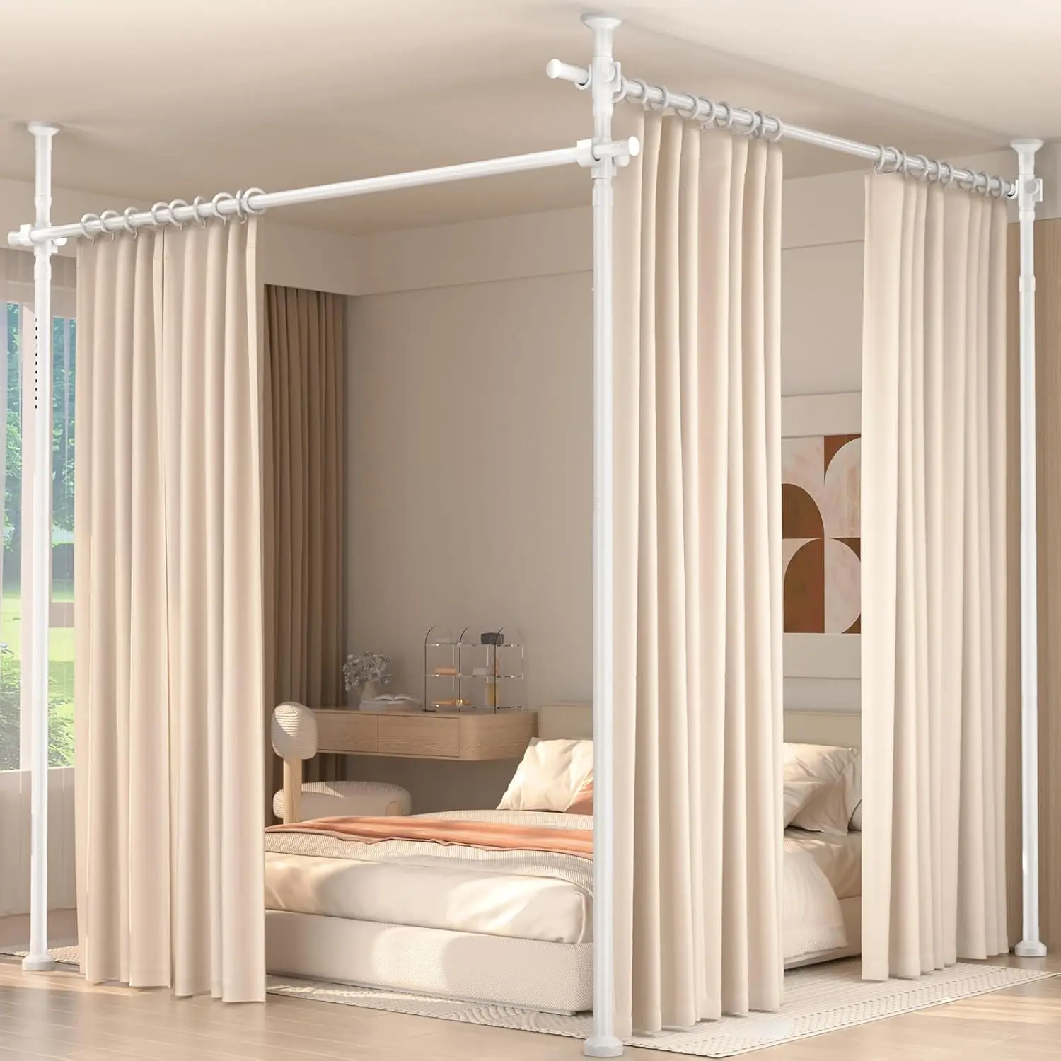 Adjustable Temporary Freestanding Room Divider Privacy Partition 4-10ft(H) 28-140inch(W) No Drilling Tension Rod Heavy Duty Space Separator White