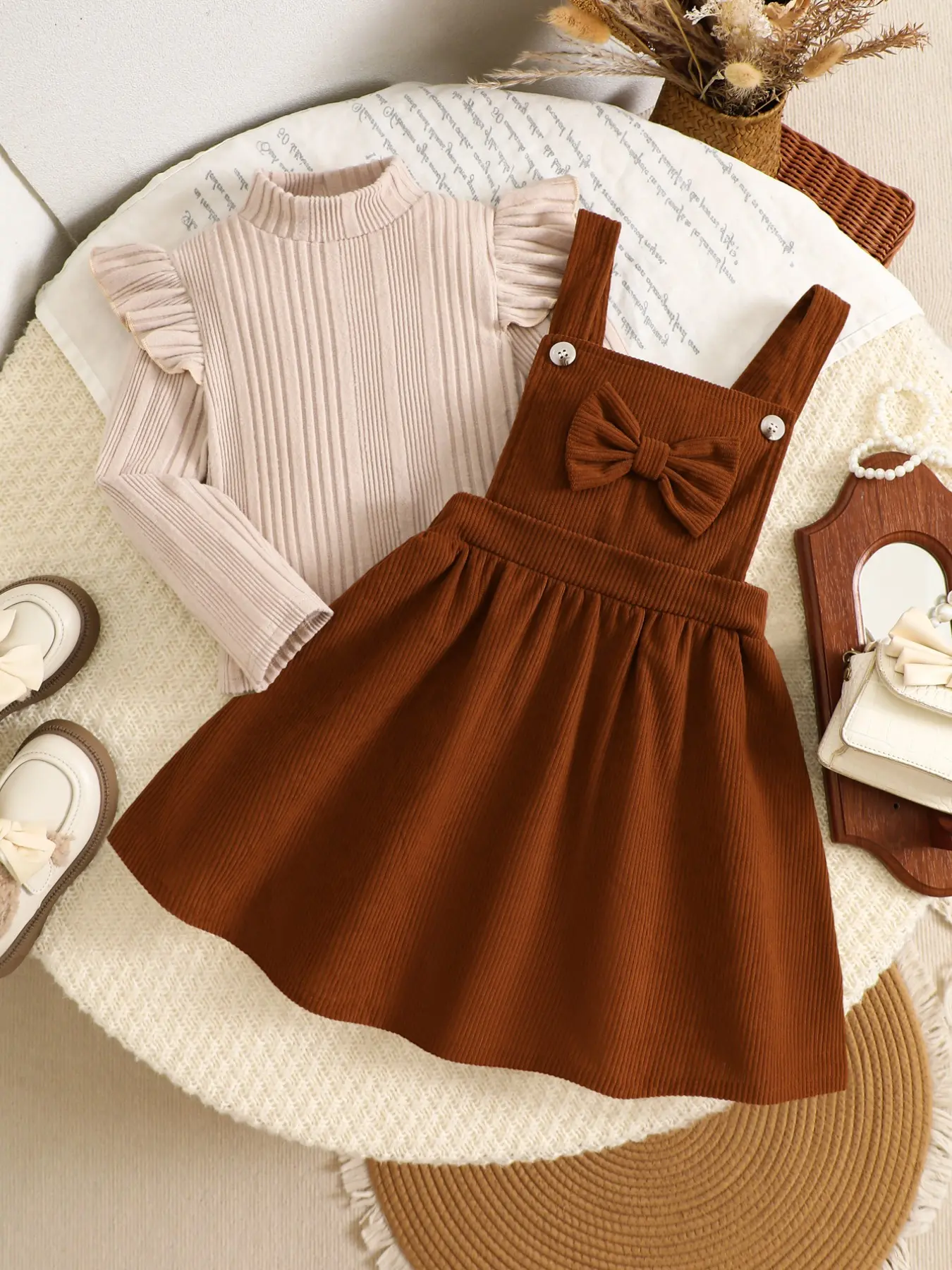 Two-Piece Girls' Casual Solid Color Long Sleeve T-Shirt Set, 3D Bow and Corduroy Strap Dress, Outdoor Fall Winter