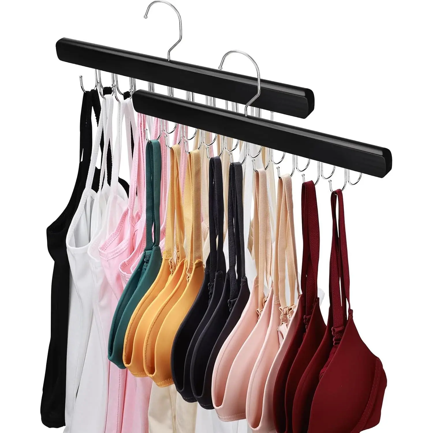 2 Pack Bra Hanger for Closet Organizer,   Top Hangers | Black Wooden Bra Holder with 36 Foldable Hooks, 360° Rotating Design, Space Saving Storage for  Tops, Bras, Belts