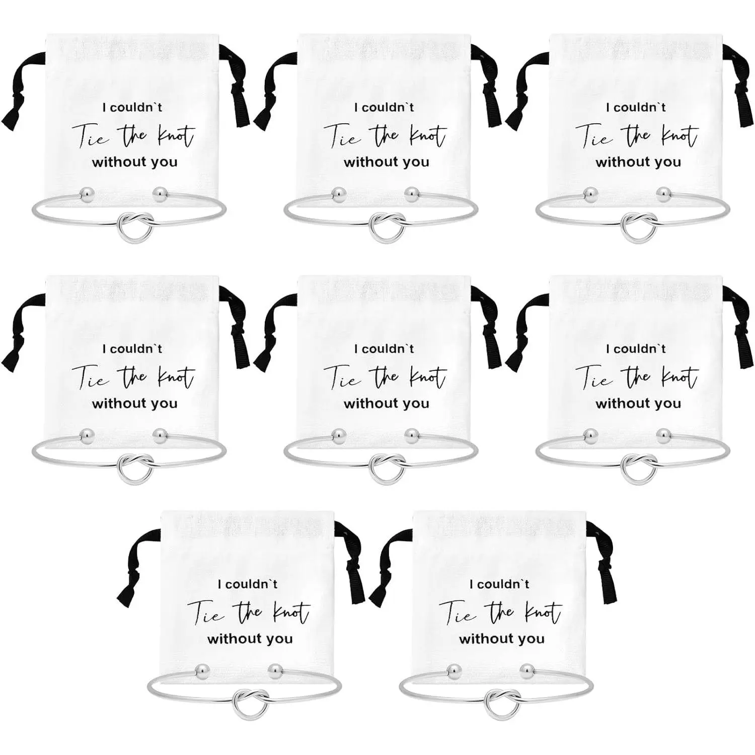 16 Pcs Jewelry Pouch Bridesmaid Gift Set, 8 Linen Cotton Small Drawstring Bags & Knot Bracelet, Jewelry Packaging for Bridesmaid Proposal Bridal Party Favors (Silver)