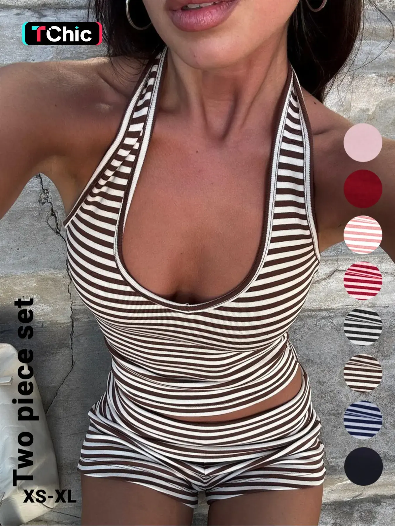 Women's Casual Striped Halter Neck Sleeveless Crop Top & Shorts Set, Summer Fitted Two-Piece, Regular Length, Moderate Fabric Thickness Pants, Clothes