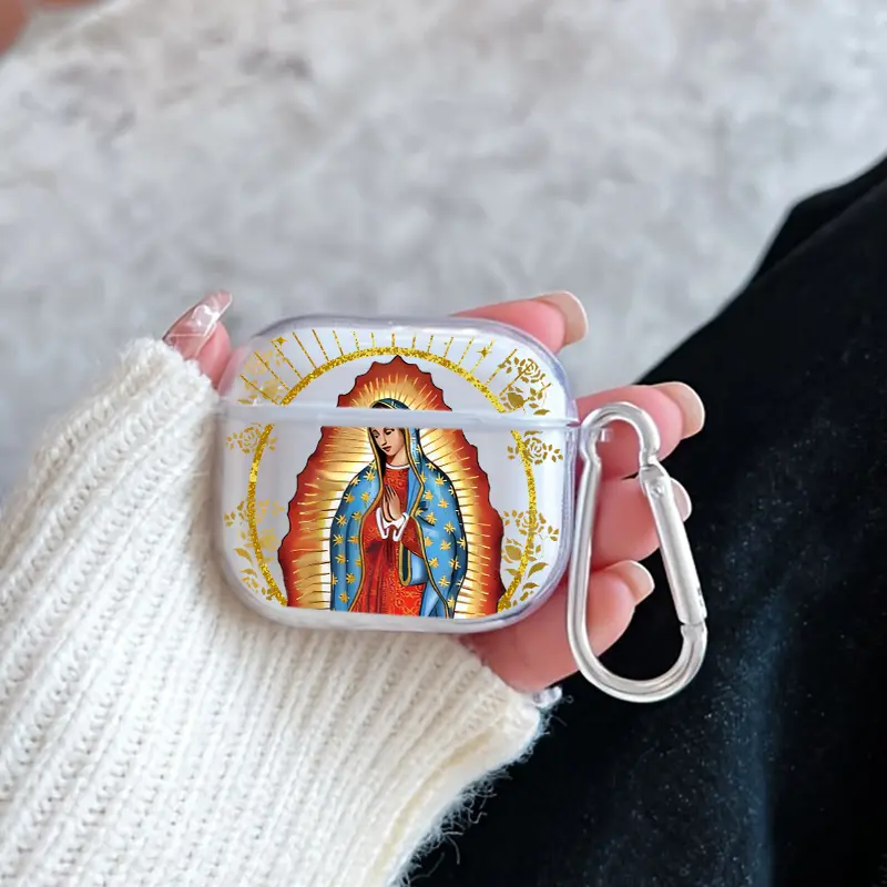 Divine Virgin Image Pattern TPU Soft Protective Case for Apple AirPods 4/3/2/1/Pro/Pro2 Transparent Earphone Cover with Keychain Attachment