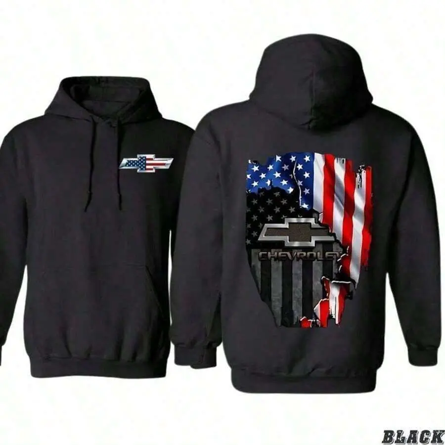 Patriotic Chevy Chevrolet Emblem Hoodie - American Flag Graphic Print Pullover, Vintage 2000s Streetwear, Durable Casual Fall Winter Apparel for Truck Lovers, Game Day & Vacation Gift for Proud Americans