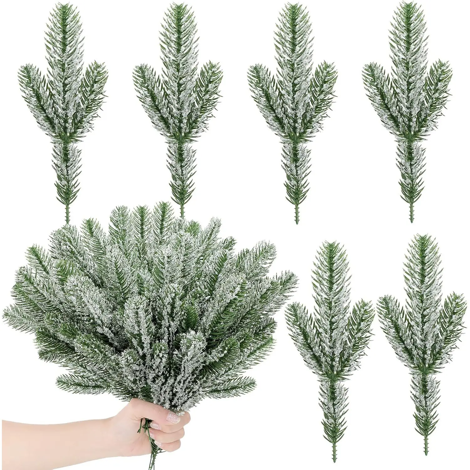 30pcs Christmas Snowflake Pine Branches 10 Inch Artificial Fake Christmas Picks and Sprays Tree Filler Branches, Piles of Needles, Twigs, Wreaths