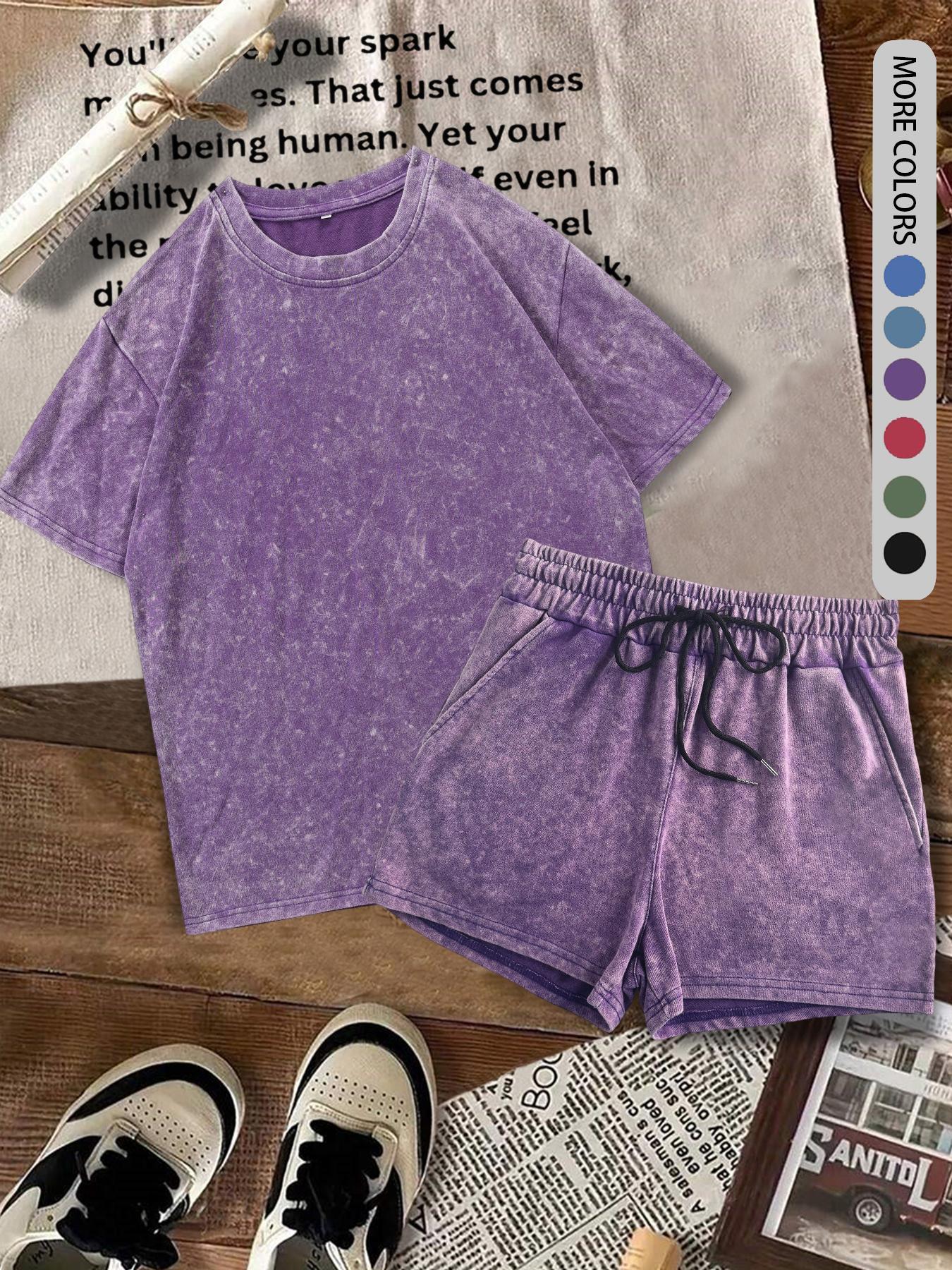Two-piece Set Women's Solid Color Denim-effect Print Tee & Shorts, Casual Basic Round Neck Short Sleeve T-shirt & Shorts, Ladies Summer Clothes for Daily Wear, Matching Clothing Set