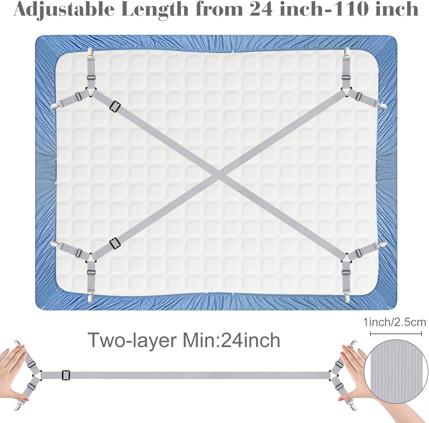 2 Pack Bed Sheet Fasteners Straps Adjustable Bed Sheet Holder Bands with Sheet Clips for Bedding Stays Bedsheet Tie Downs - Grey