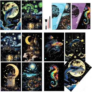 Luminous Scratchboard Art Kits for Adults Teens, 8 Sheets A5 Rainbow Scratch Painting Paper with 4 Tools, Fun Creative Craft Toy for Gifts Home Decor