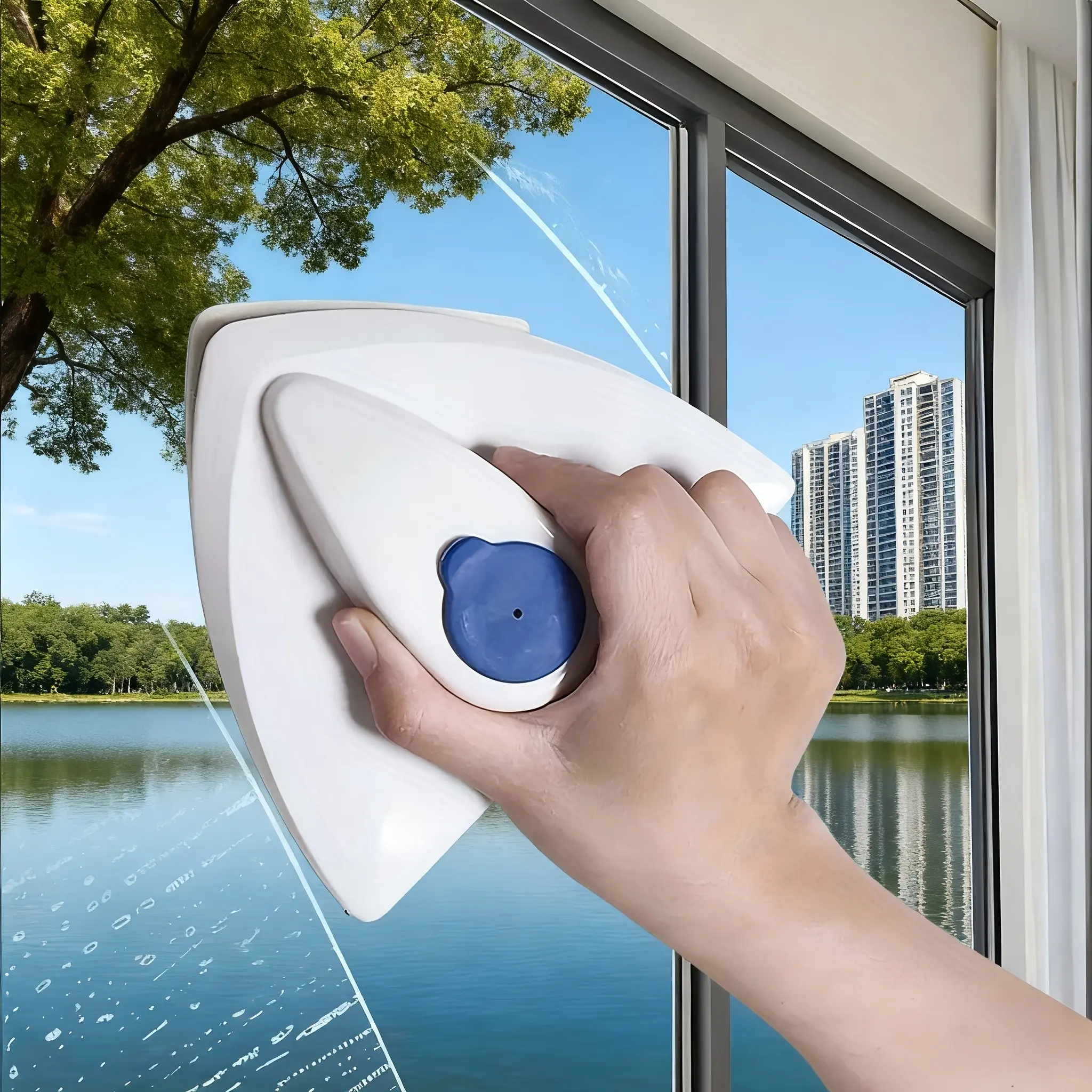 Magnetic Window Cleaner, Dual Water Tank & Squeegee System, Ergonomic Handle, Multi Surface Glass Wiper, Bathroom Kitchen Living Room, Window Cleaning Tool, Cleaning Supplies, Glass Washer