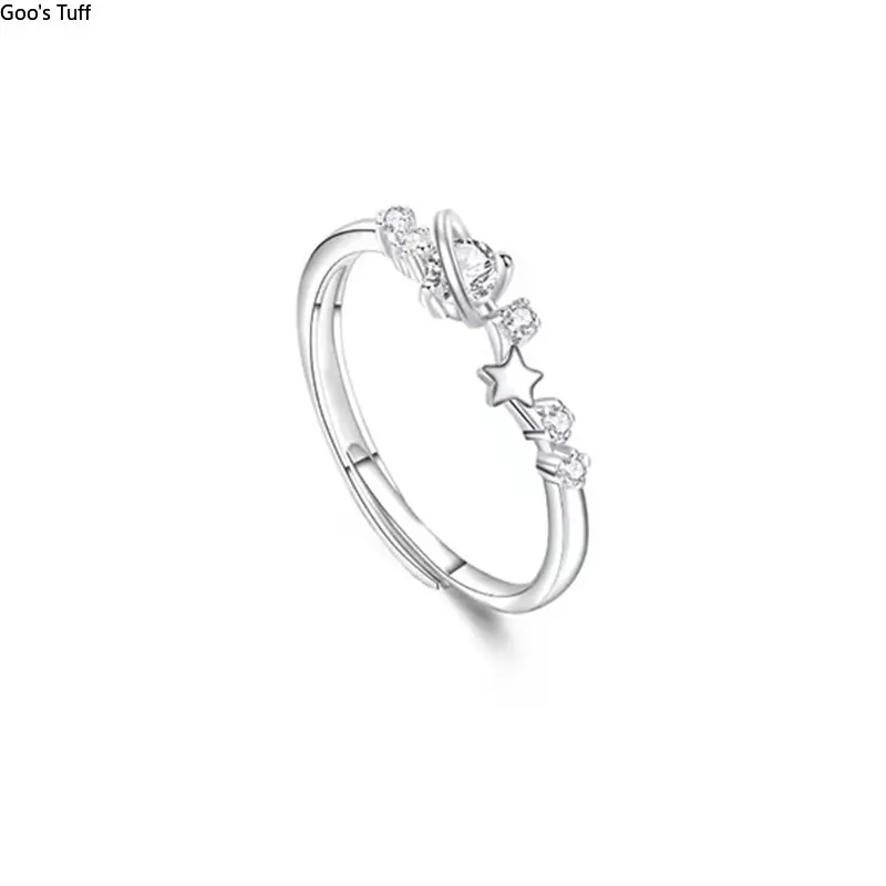 Ring Finger Ring Star‑Earth Micro‑Pave Women Open‑Adjustable Ring Korean‑Japan Fresh‑Aesthetic Ins Niche Personalized Finger Jewelry for Daily Wear Date Night Casual Occasions