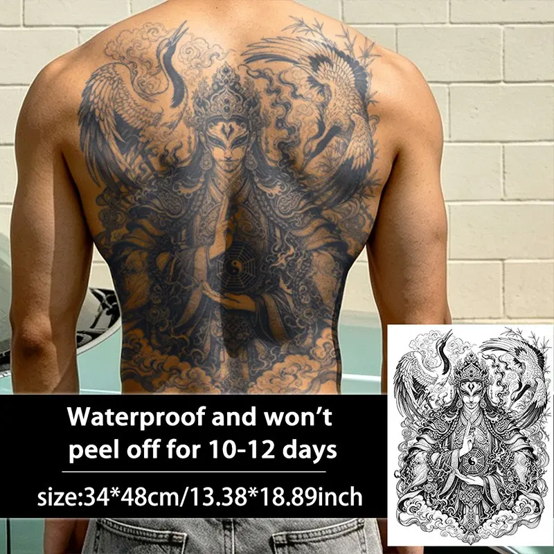 Chinese Style Crane Boy Temporary Tattoo Patch, Ephemeral Tattoos, Waterproof Long-Lasting 7-15 Days, Semi-Permanent Herbal Tattoo, Unisex, Arm, Leg, Back, Chest