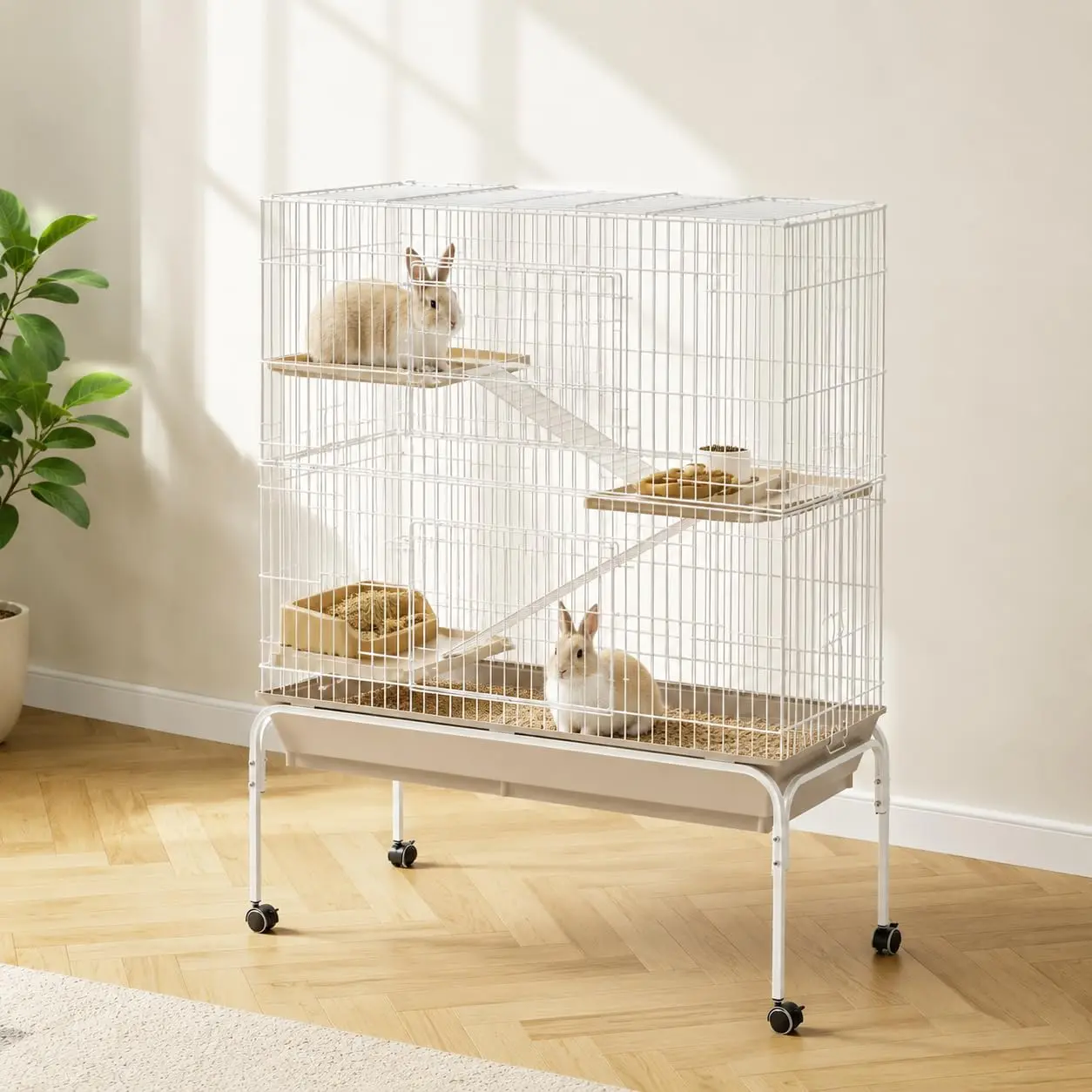 Garvee Solid Metal Rolling Animal Cage, 40" H Multi-Level Rolling Habitat with Wheels, Platforms, Ramps, Water Bottle, Feeder for Guinea Pigs