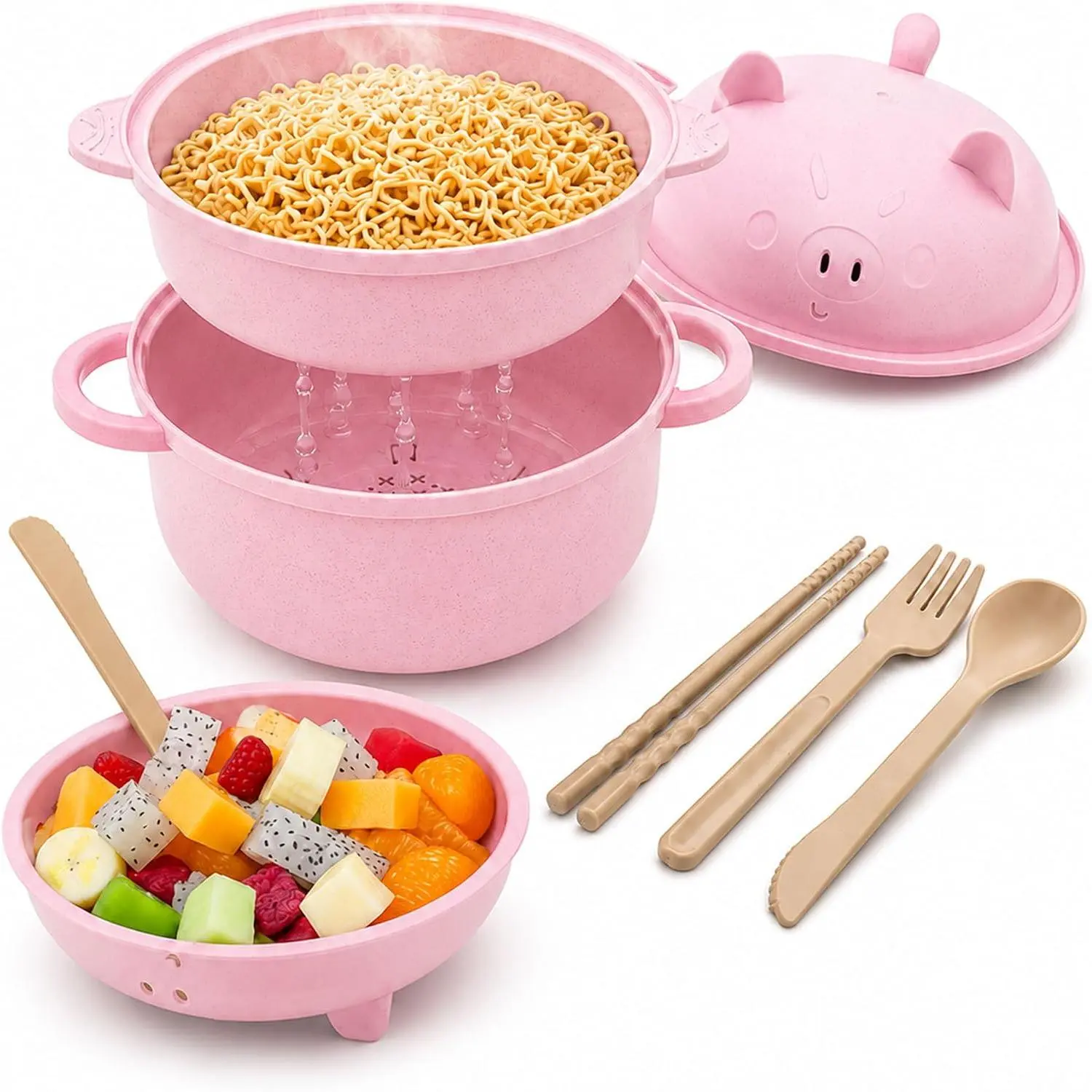 1200ml Wheat Straw Microwave-Safe Pig Ramen Noodle Bowl Set with Strainer Lid, Handle, Spoon, Fork, Chopsticks for Ramen Cooking - Home Kitchen Tableware Value Pack (Mid-Year Sale Restock)