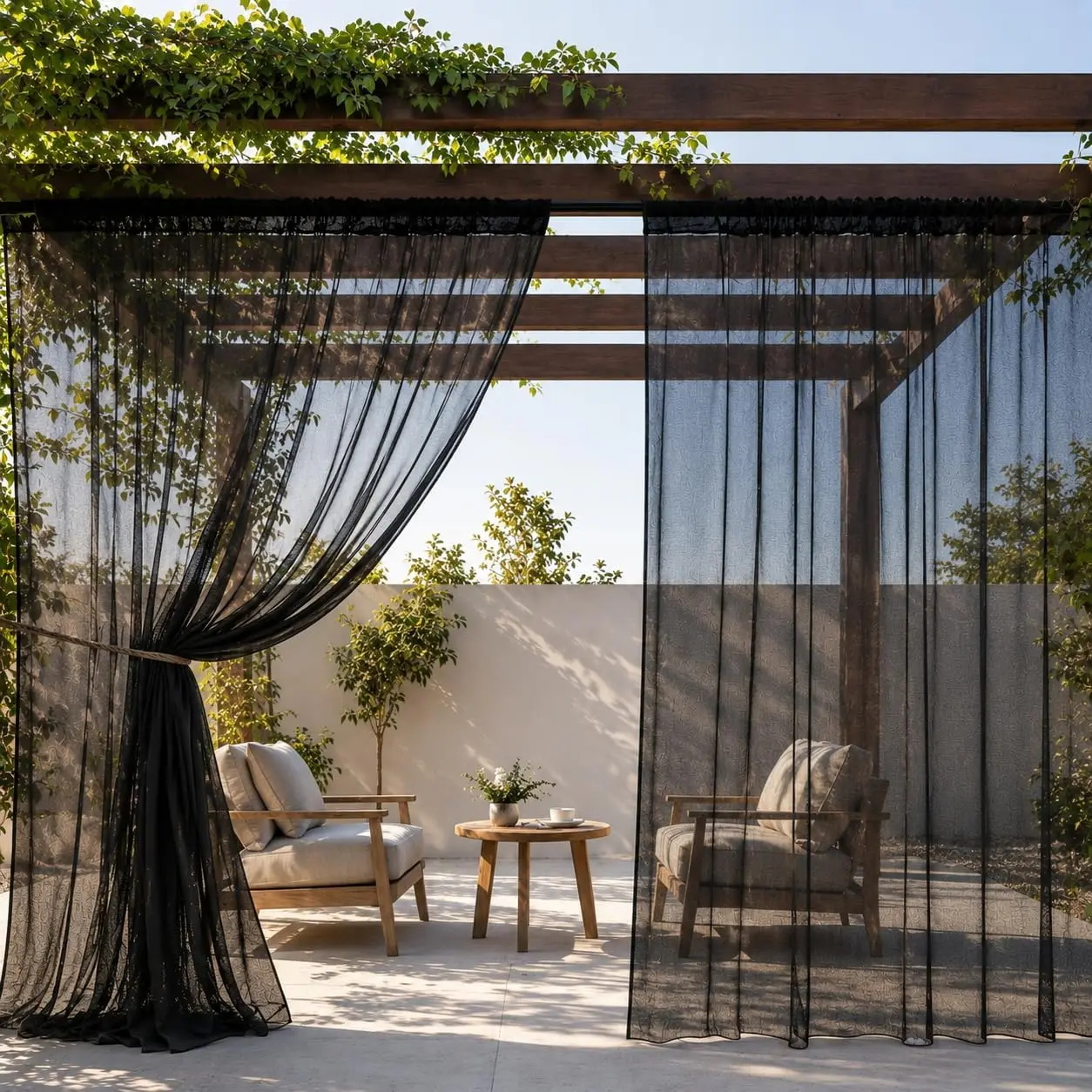 2 Panels Sheer Curtains for, Privacy Mesh Net Voile Outside Curtains Rod Drapes for Porch, Pergola, Gazebo, Cabana, Balcony, W118 X L90 in Per Panel