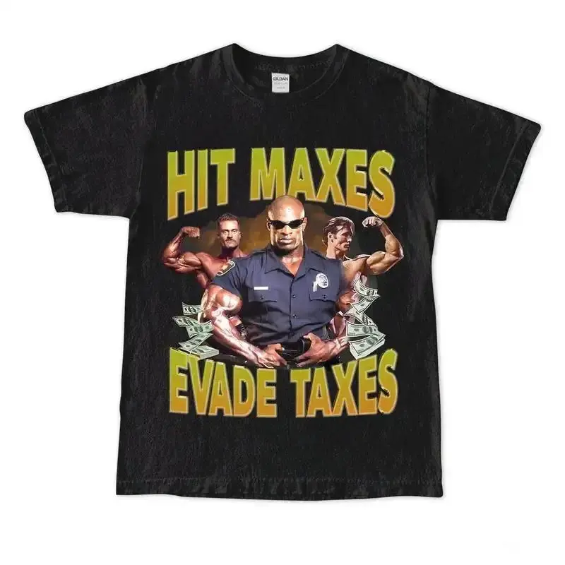 Men's 100% Cotton Soft Short-Sleeve Round Neck Fitted Funny Graphic T-Shirt - Hit Maxes Evade Taxes Meme Gym Top, Streetwear Bodybuilding Pumpcover, Ideal Athlete Life Sport Lover Lifestyle Gift