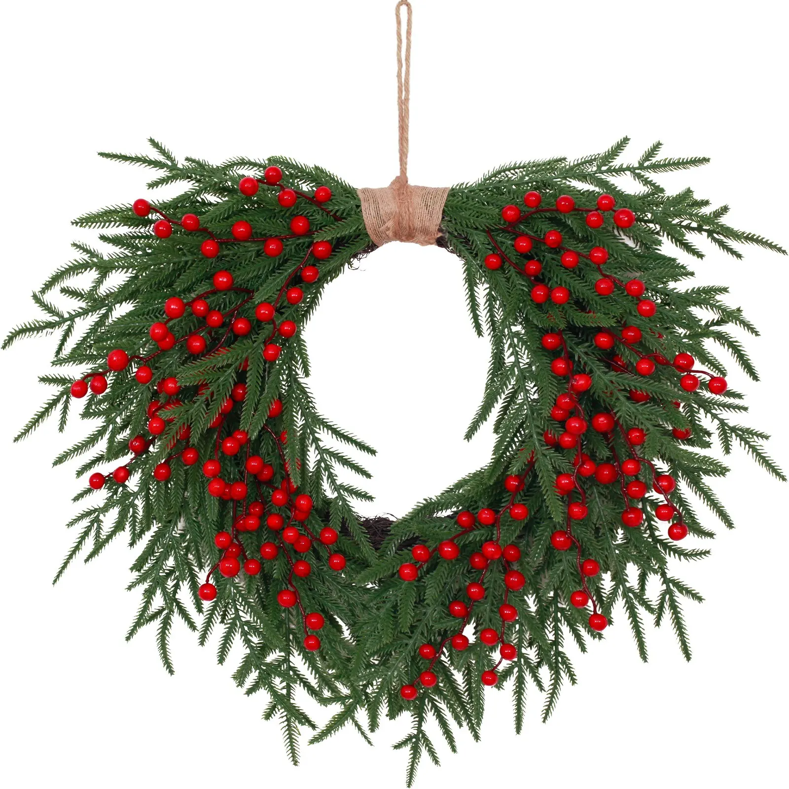 24-Inch Front Door Christmas Wreath, Artificial Pine Boughs with Bright Berries, UV Resistant, Weatherproof, Low Maintenance, Holiday Decor