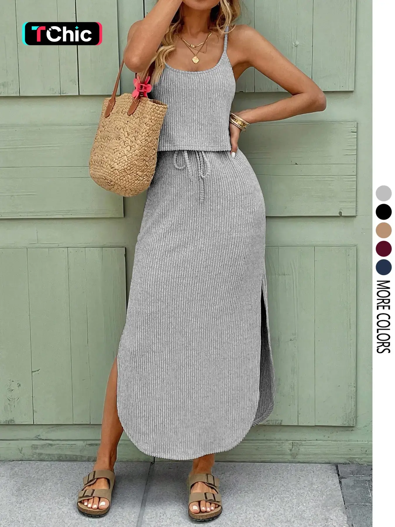 Women's Casual Chic Ribbed Dress with Sleeveless Neckline, Split Hem and Drawstring, Basic Spring/Summer Casual, Adjustable Casual Wear