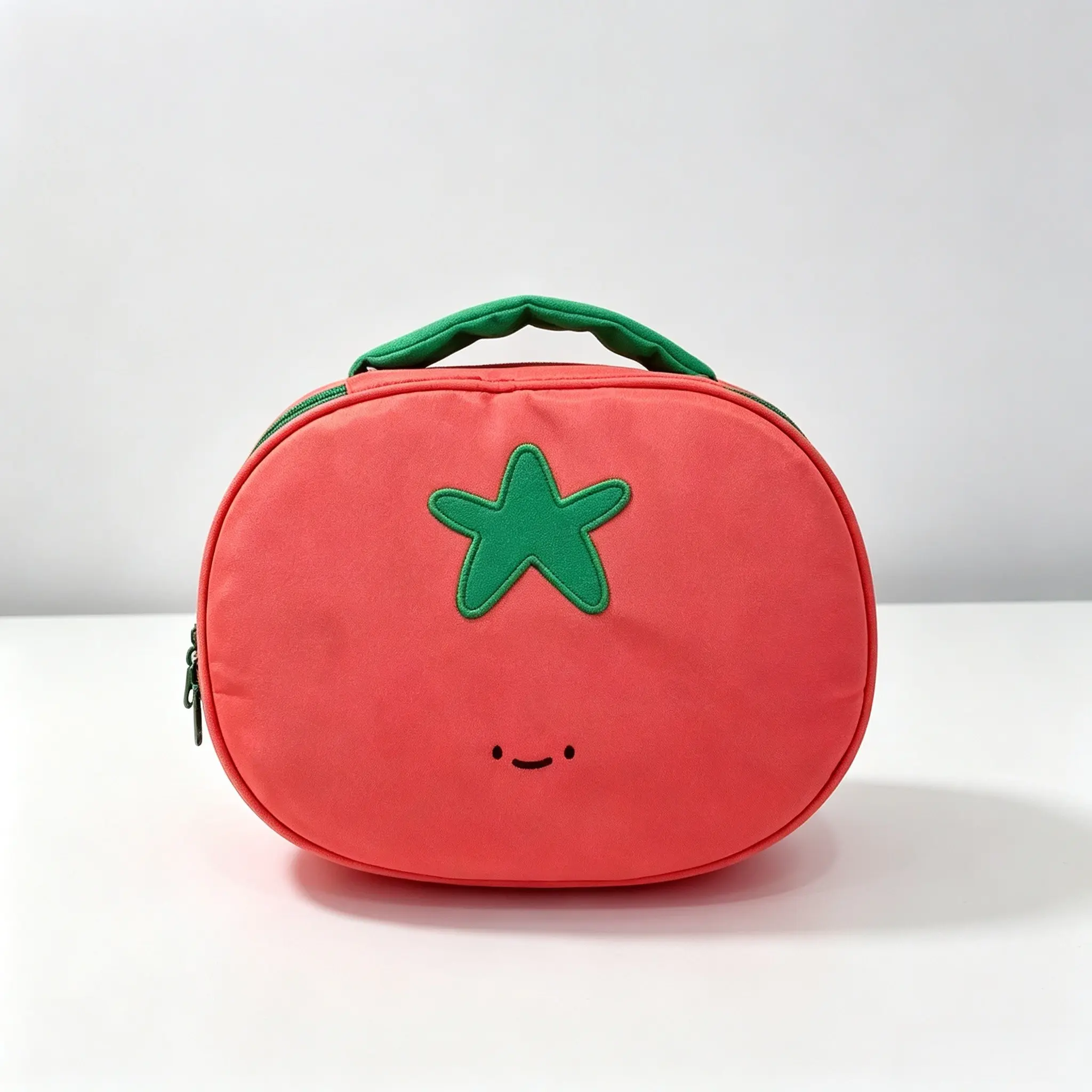 Cute Smiley Face Round Tomato Cosmetic Bag, INS Style Waterproof Nylon Lightweight Large Capacity Handheld Unique Design Travel Toiletry Storage Pouch for Women