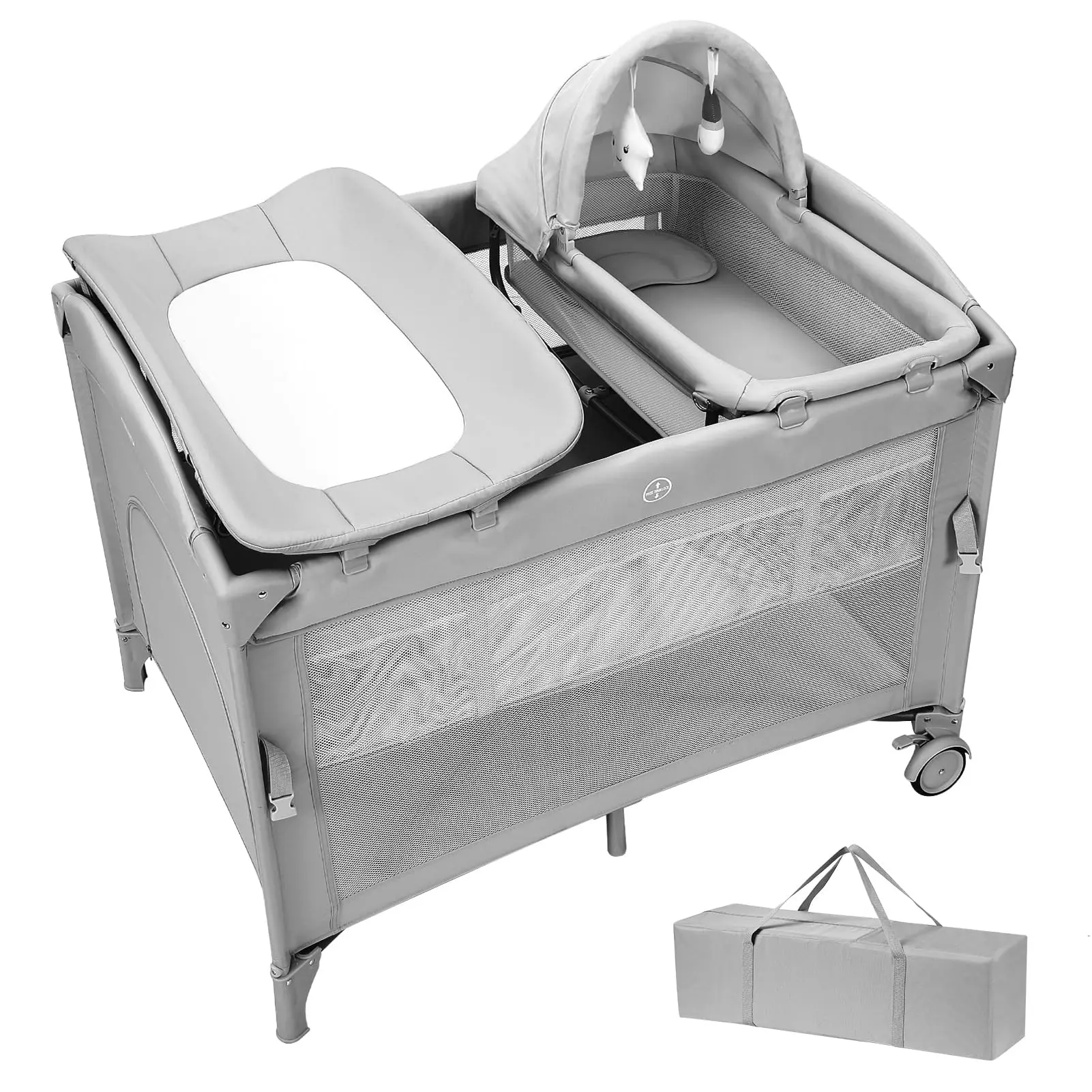 GAOMON 5-in-1 Baby Pack and Play, Nursery Center with Diaper Changer, Adjustable Bedside Bassinet for Baby, Portable Crib with Mattress & Sunshade, Travel-Friendly, Grey