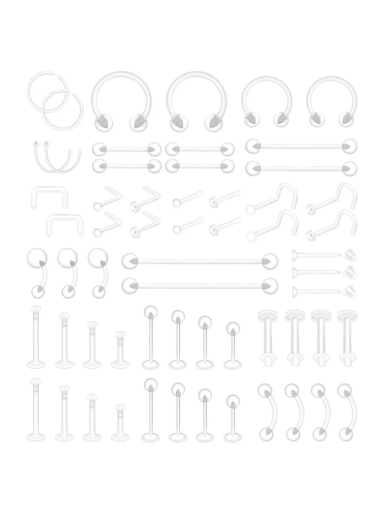 60Pcs Clear Piercing Retainers for Surgery Acrylic Body Piercing Jewelry for Nose Belly Button Piercing Nipple Tongue Septum Eyebrow Lip Cartilage Tragus Helix Daith Rook Earring Retainer Industrial Bar Rings for Work