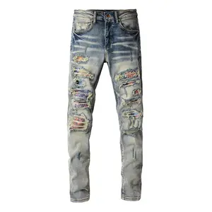 Street Fashion Men Jeans Retro Light Blue Stretch Skinny Fit Ripped Jeans Men Pink Leather Patched Designer Brand Hip Hop Pants