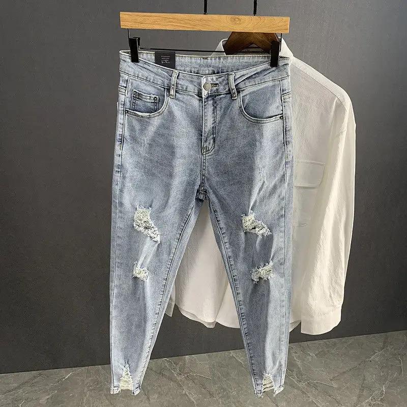 Men's Shaved Trendy Ripped Jeans Ruffian Handsome Summer Slim-fitting Pants Trendy Brand Man Clothes Designer Beggar Pants Men