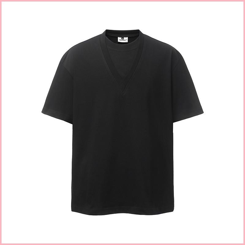 Fake Two-piece V-neck Short-sleeved T-shirt For Men, Loose Casual Design, Pure Cotton Half-sleeve