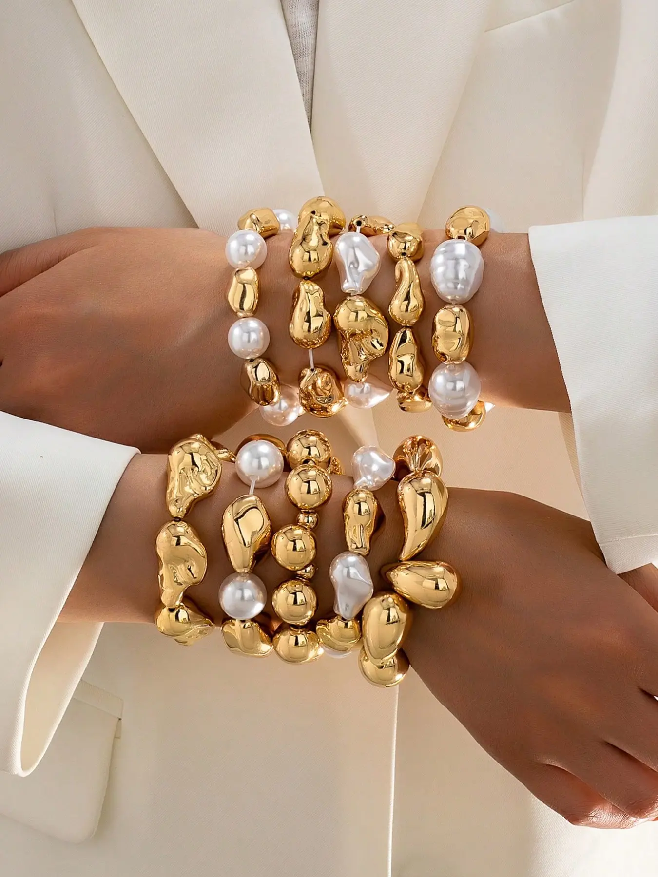 10Pcs Chunky Irregular Pearl Stackable Bracelets Abstract Bead Layered Bangles Trendy Statement Wrist Jewelry for Women Daily Party