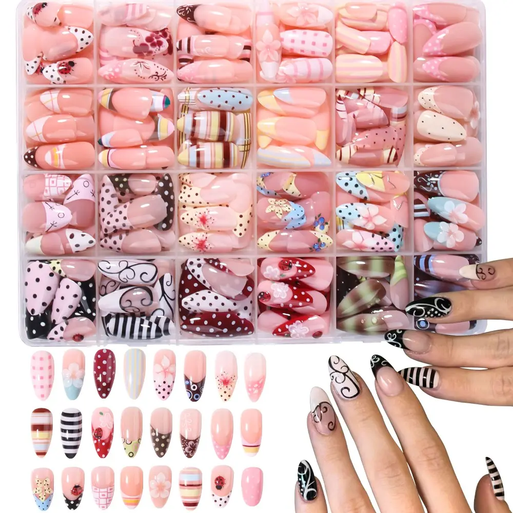 618pcs Multicolor French Nail Stickers, Almond Shape, Press-On Nails, Ladybug, Polka Dot, Striped Designs, Summer Manicure Essentials