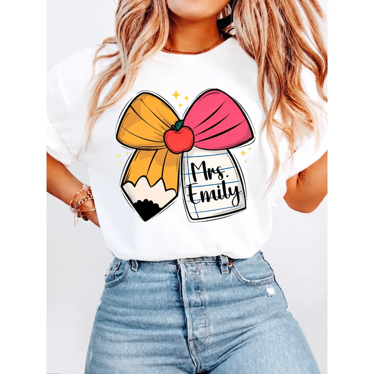 1pc Custom Teacher Coquette Bow Shirt, Personalized Teacher Name Shirt, Pencil Paper Apple Bow, Gift For Teacher, Back To School