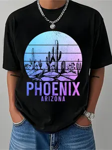 Phoenix Arizona Cactus Memorial Retro T-Shirt, Summer Men's Short Sleeve, Round Neck, Loose Fit, All Seasons
