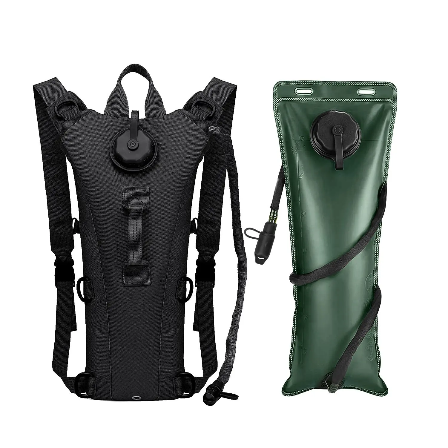 Military Style Hydration Pack with 3L Lockable Bladder, Water-Resistant Oxford Fabric, MOLLE System, Bite Valve Dust Cover, Waist Straps, Lockable System, BPA-Free Large Cap for Hiking, Cycling, Adults