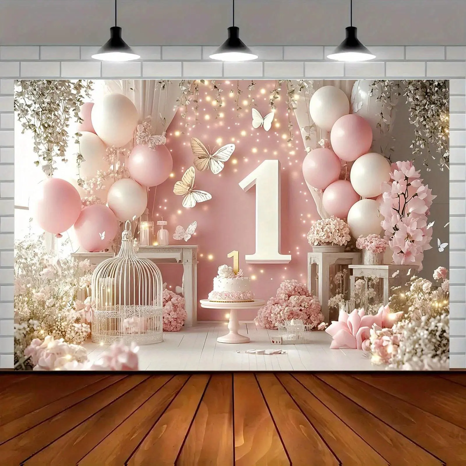 Romantic Butterfly Backdrop Pink Anniversary Backdrop Tapestry Wall Hanging Photography Background Polyester Balloon Flower Butterfly Wedding Party Studio Event Indoor Outdoor Props, Baby Shower, Prints