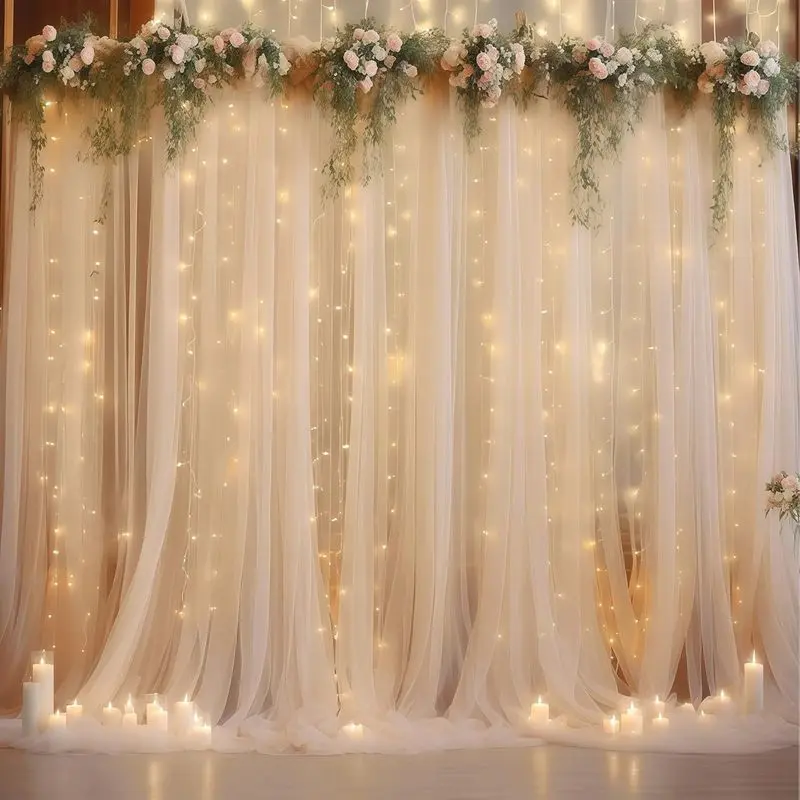 10x10ft Sheer Tulle Backdrop Curtain with String Lights, Photo Background Drapes for Wedding, Party Event Decoration
