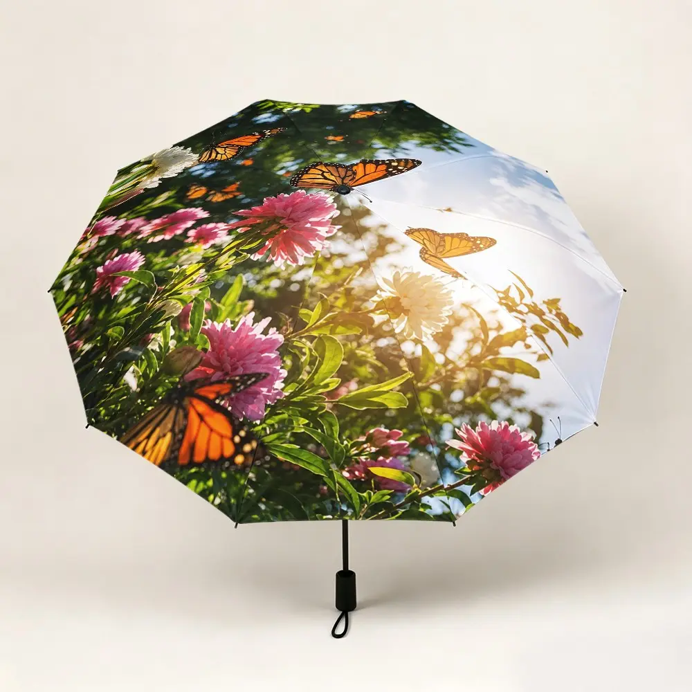 Floral Butterfly Folding Umbrella, Lightweight Durable, Adjustable Large Size, Travel Outdoor Rain Sun Protection, Home Essential Gift, Whimsical Umbrella