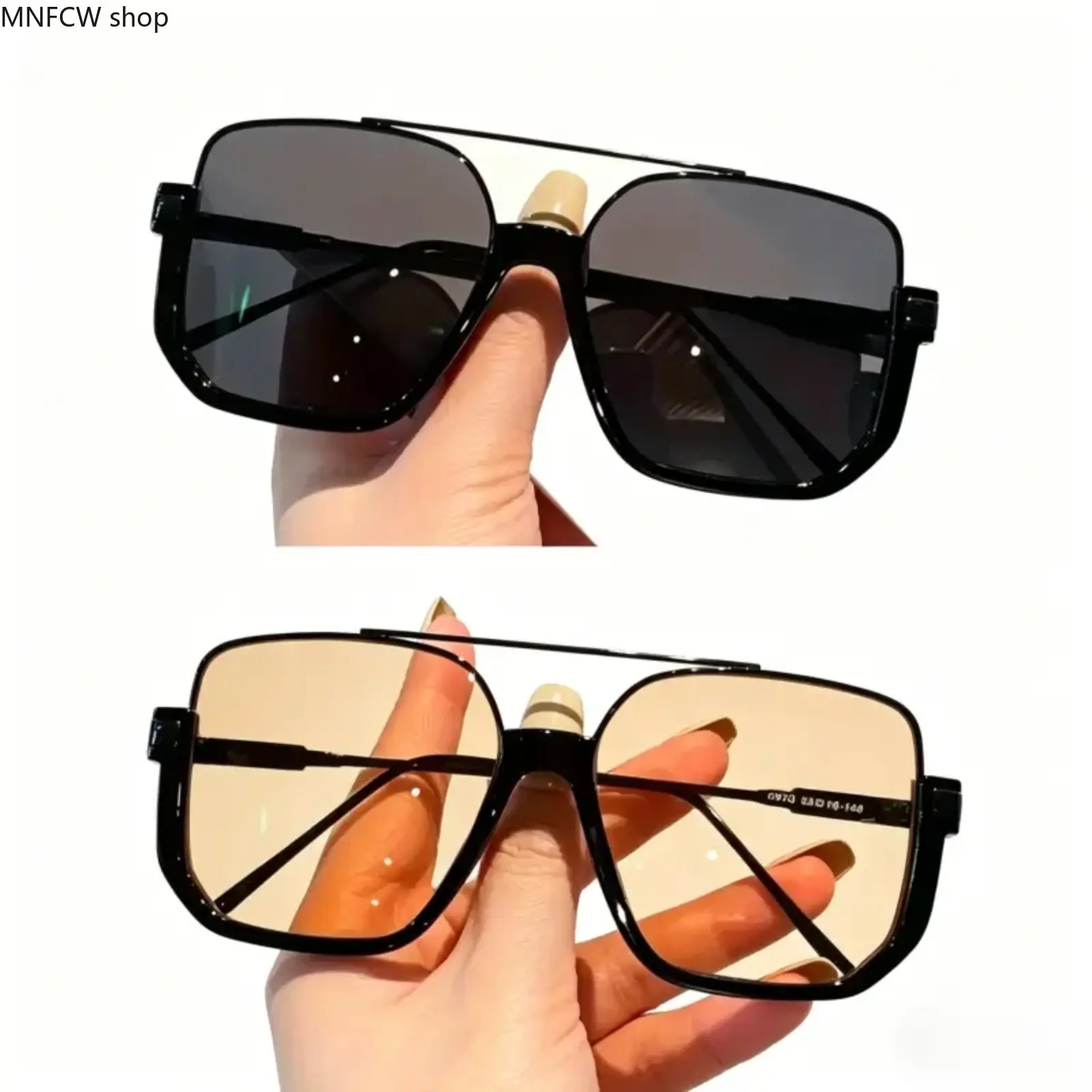 Unisex Oversized Square Sunglasses with Retro Double Bridge Metal Frame, UV400 Protection Lenses for Driving, Vacation Eyewear