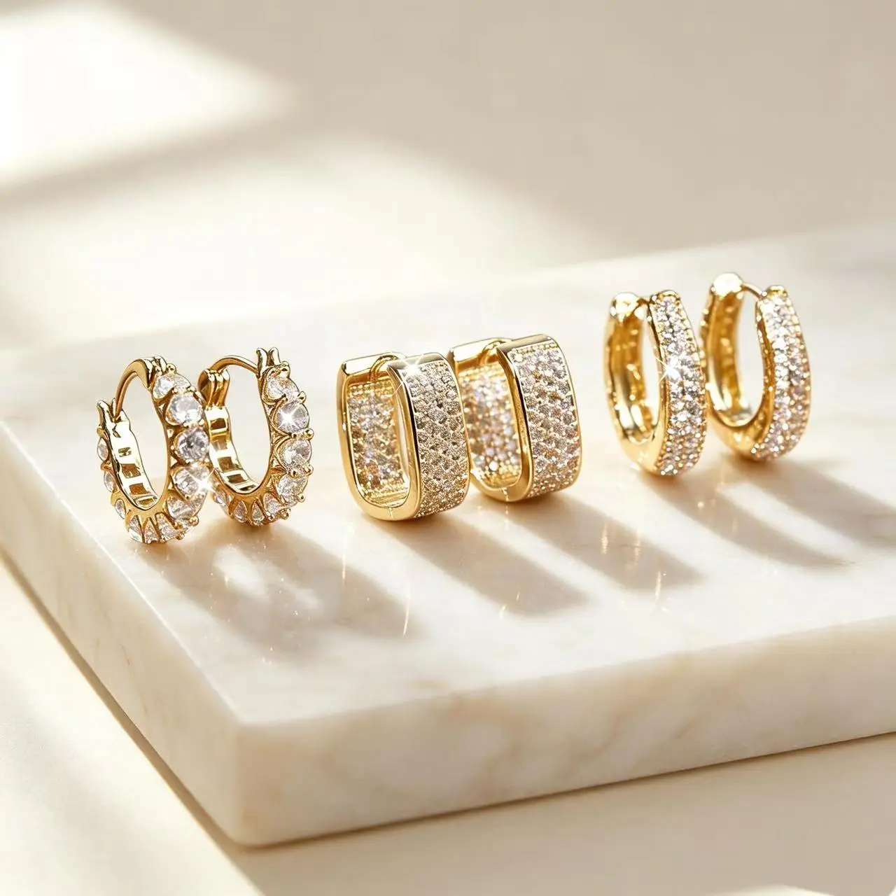 Exquisite 3-Pair 14K Gold Plated Layered Hoop Earring Set for Women, Geometric and Round Huggie Earrings with Hinged Clasps, Model DDES0407