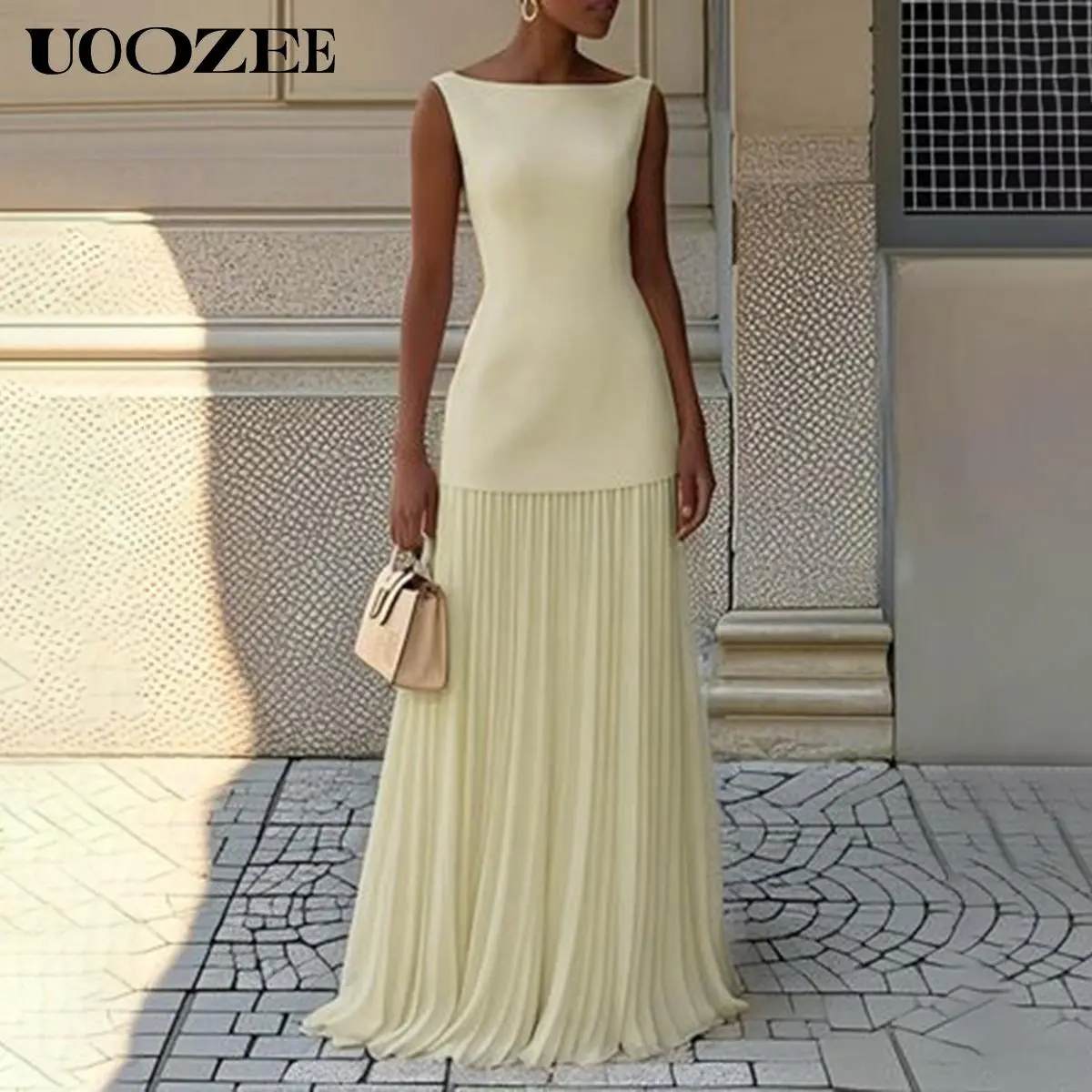 UOOZEE Women's 2026 Elegant Minimalist Polyester No-Stretch Sleeveless Pleated Gauze Slim Maxi Dress - Formal Cocktail Prom Evening Wear, Wedding Guest Outfit (1 Size Up for C-Cup & Above; Smaller Bust Fit, Zipper), Wedding Guest Dresses, Formal Dresses