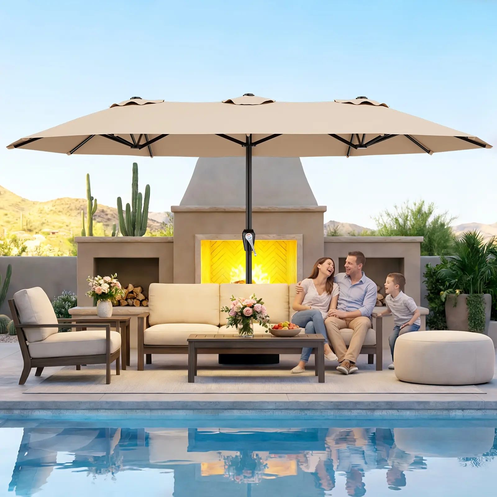 15ft Large Patio Umbrella with Sandbag Base Stand, Double-Sided Outdoor Umbrella, Rectangular Market Umbrella with Crank, 5+2+5 Fiberglass Umbrella Ribs, UV Protection Wind Resistance for Pool Lawn Garden Deck Backyard